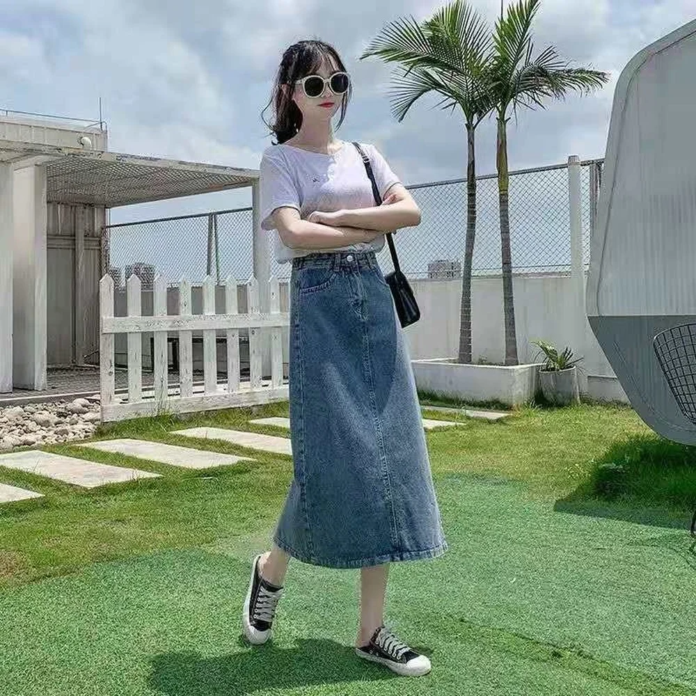 Женская длинная джинсовая юбка средней длины голубая Повседневная винтажная из