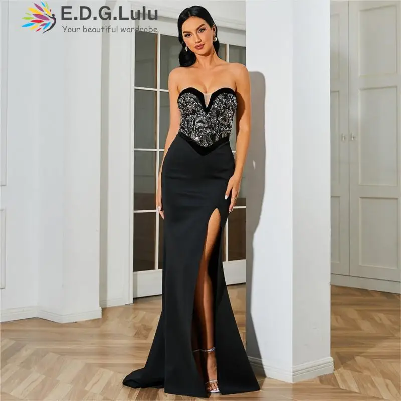 

EDGLuLu Elegant Backless Strapless Women'S Luxury Party Dress Design Sequin Patchwork Black Long Mermaid Dress Evening Dress0812