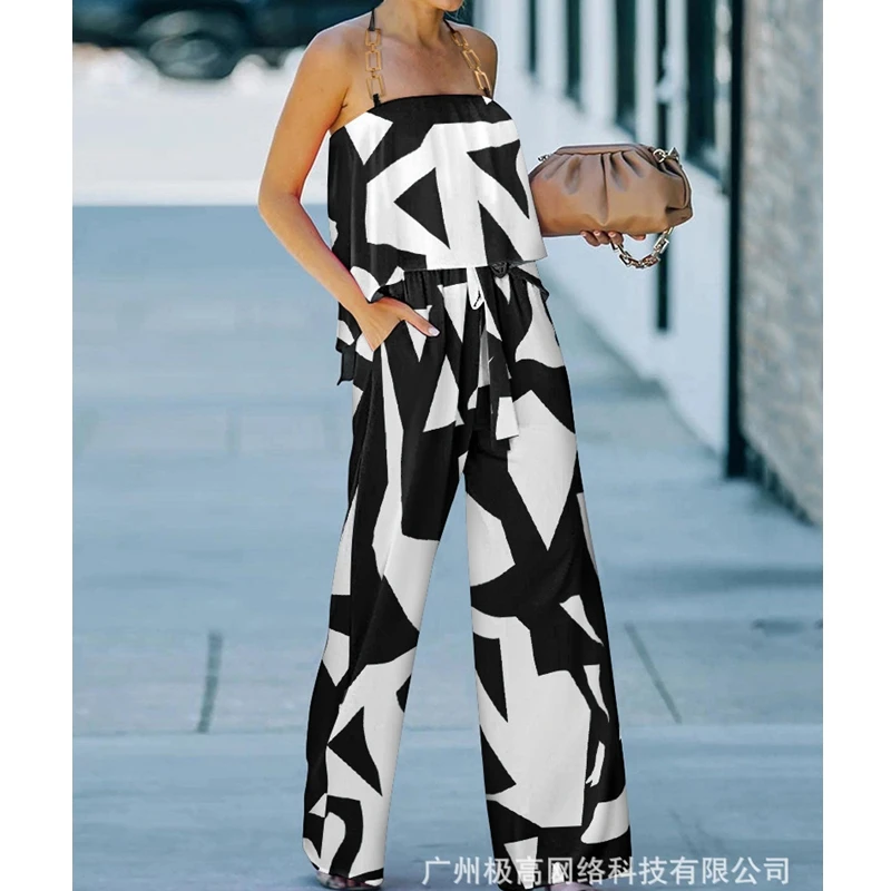 Women's Jumpsuits Summer Sexy Loose Printed Wide Leg Jumpsuits Women's Sleeveless Backless Spaghetti Strap Halter Jumpsuits