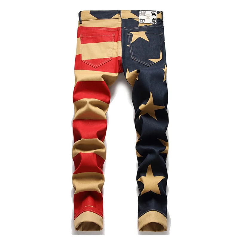 Hip Hop Star Printed Patchwork Jeans Pants Fashion Streetwear Stretch Denim Trousers For Male Color Block Harakuju