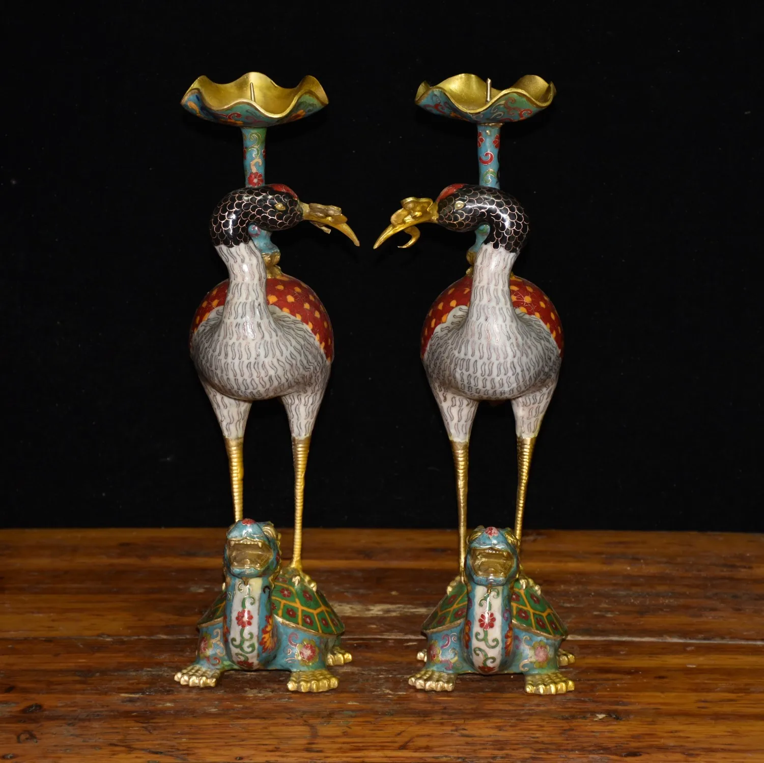 

20"Tibetan Temple Collection Old Bronze Cloisonne Enamel Red-crowned Crane Longevity Candlestick A pair Worship Hall Town House