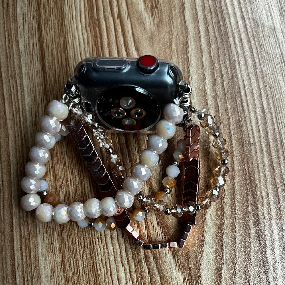 Beaded Bracelet for Apple Watch Bands 41/40/38/45/44/42mm Ladies Handmade Elastic Beaded Watch Band for iWatch Series 8 7 6 SE 5