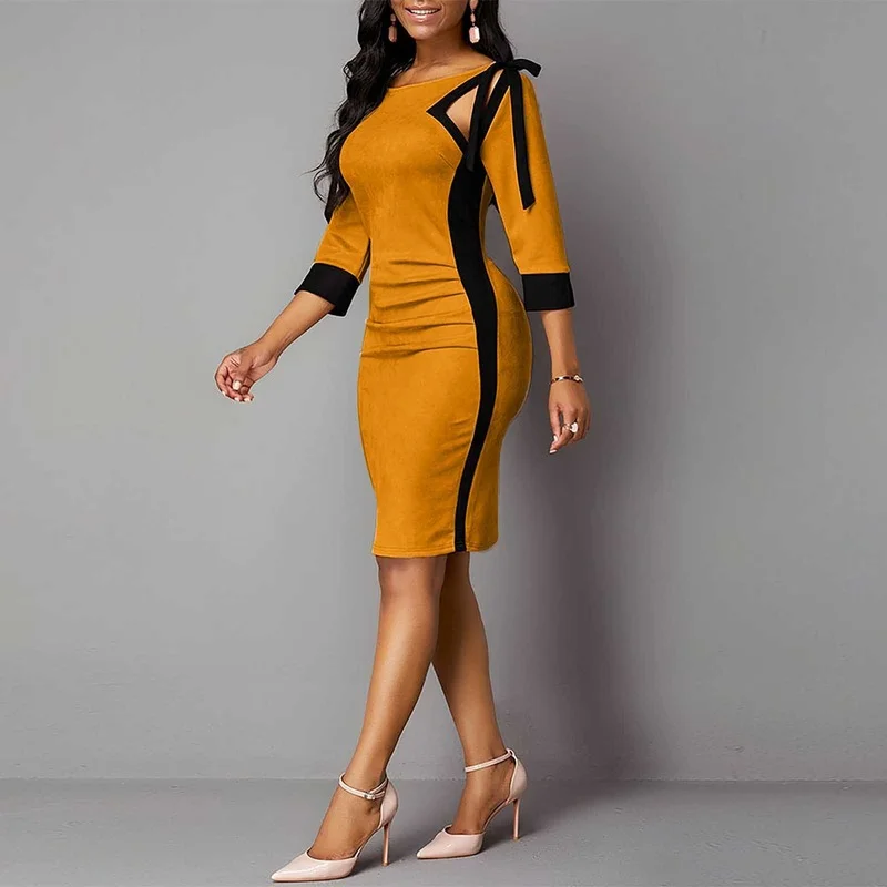

New Fashion Women's Fashion Hollow Three-quarter Sleeves Round Neck Patchwork Bag Hip Skirt Temperament Sexy Pencil Dress Women