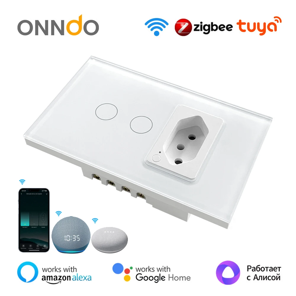 

Настенный выключатель и розетка ONNDO Tuya ZigBee, стандарт Бразилии, 4 х2, стеклянная панель, 1/2 кнопок, умный фотовыключатель для Alexa Google Home