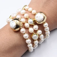 4 strands natural freshwater cultured white pearl gold color plated keshi pearl bracelet 8 handmade for lady
