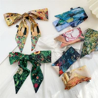 fashion narrow silk scarf oil painting scarves long small streamer ribbon art neckerchief headband hair tie bag accessories