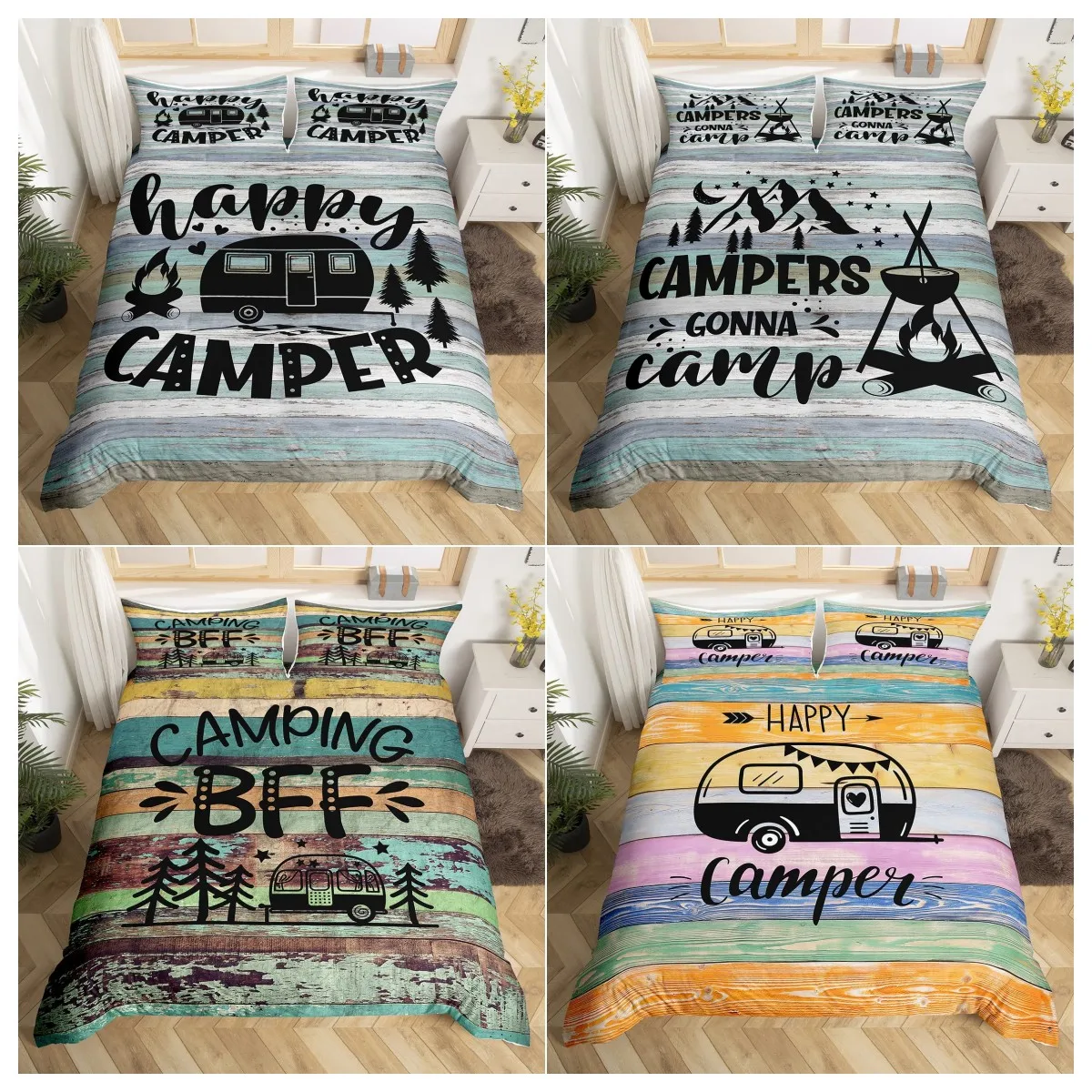 

Rustic Farmhouse Style Duvet Cover Old Barn Door Comforter Cover Polyester Happy Camper Print Black Sketch Drawing Quilt Cover