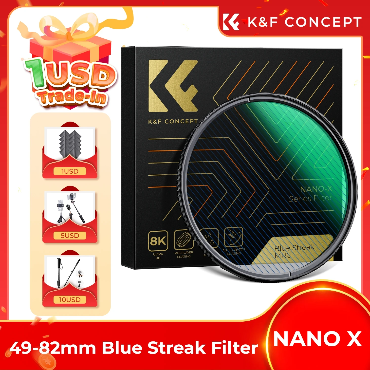 K&ampF Concept 49 мм-82 мм Фильтр синей полосы для фотосъемки Зеленая пленка Streak Flare