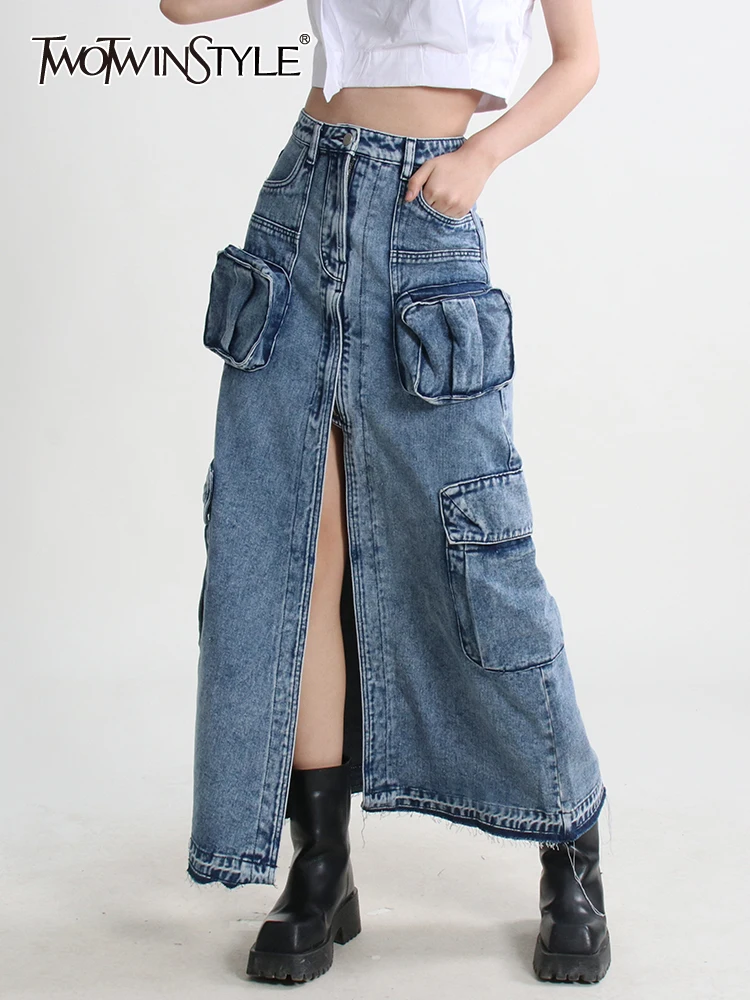 

Женская джинсовая юбка TWOTWINSTYLE, осенняя Однотонная юбка с разрезом, высокой талией и карманами