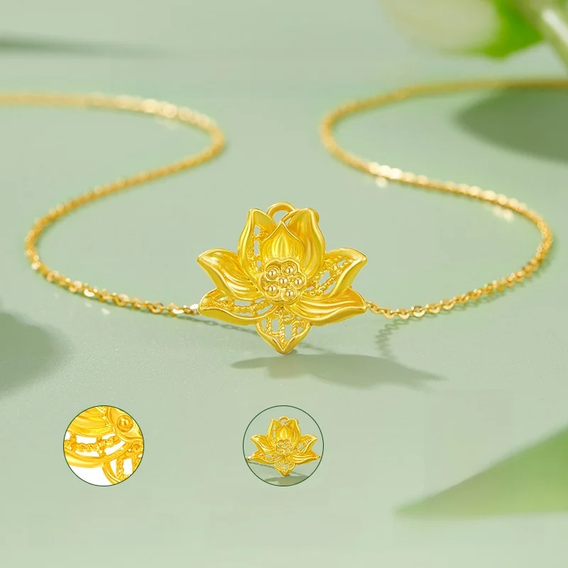 Ожерелье с подвеской в виде лотоса для женщин чистое золото 999 пробы 2024 новый