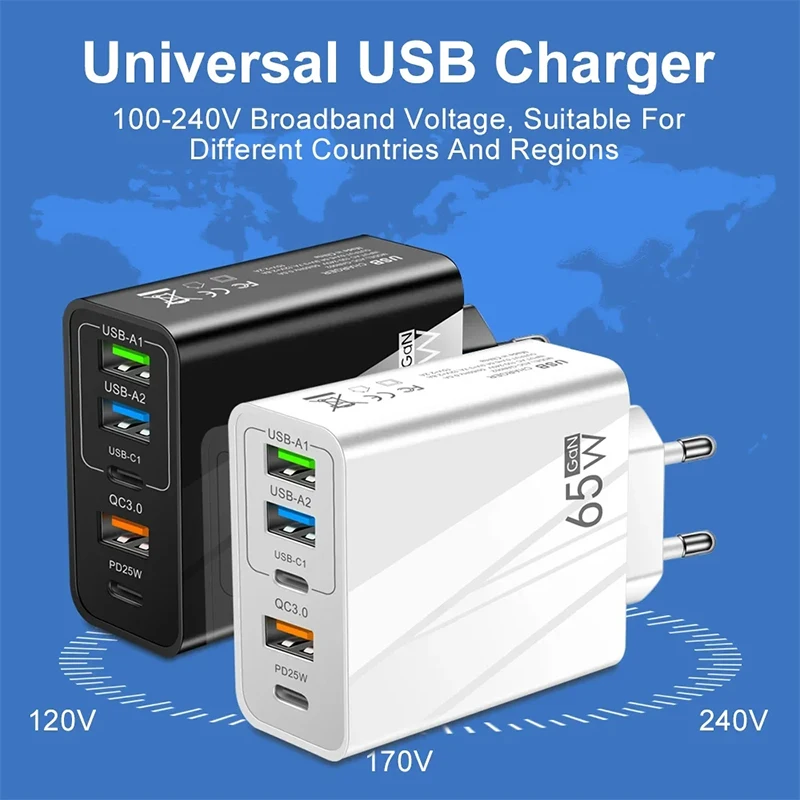 65W USB Charger 5 Ports Type C Fast Charging QC3.0 Power Adapter For iPhone 15 Samsung Xiaomi Quick Charge Wall Chargers