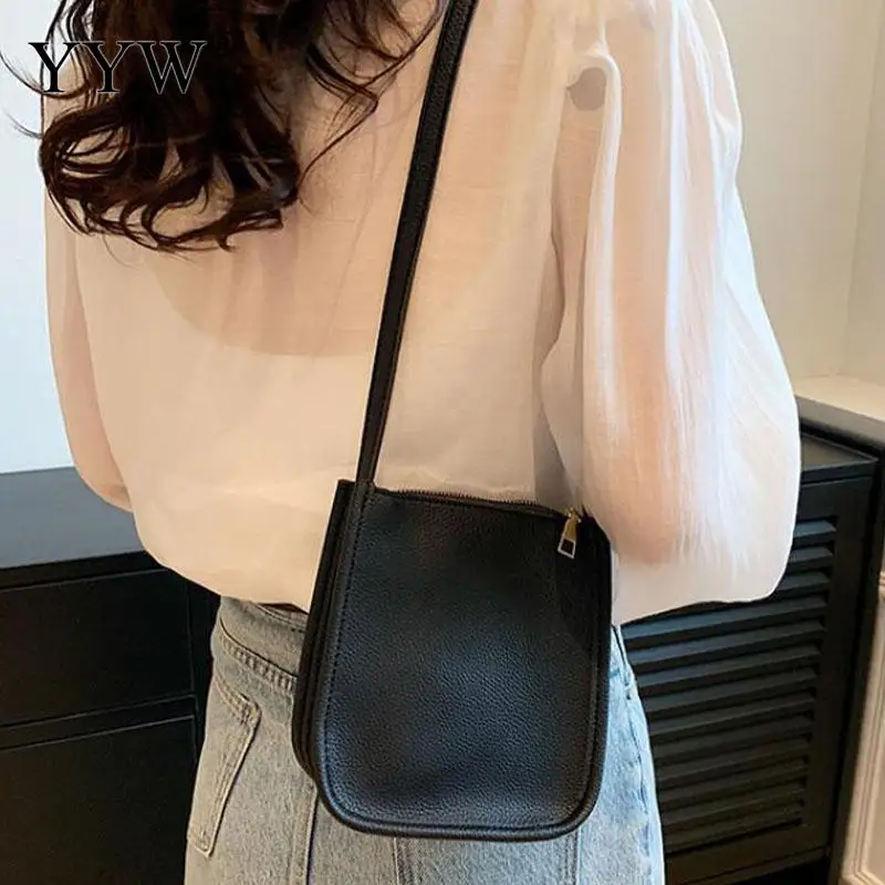 Solid Color Mini Phone Case Handbag Crossbody Lanyard Lychee Pattern Soft PU Leather Women Zipper Daily Messenger Wallet Purses