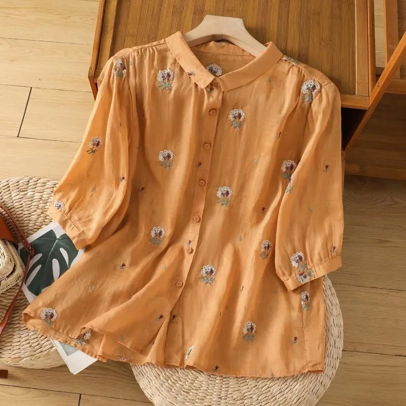 Новинка женская рубашка с вышивкой рами женский летний тяжелый удобный топ в