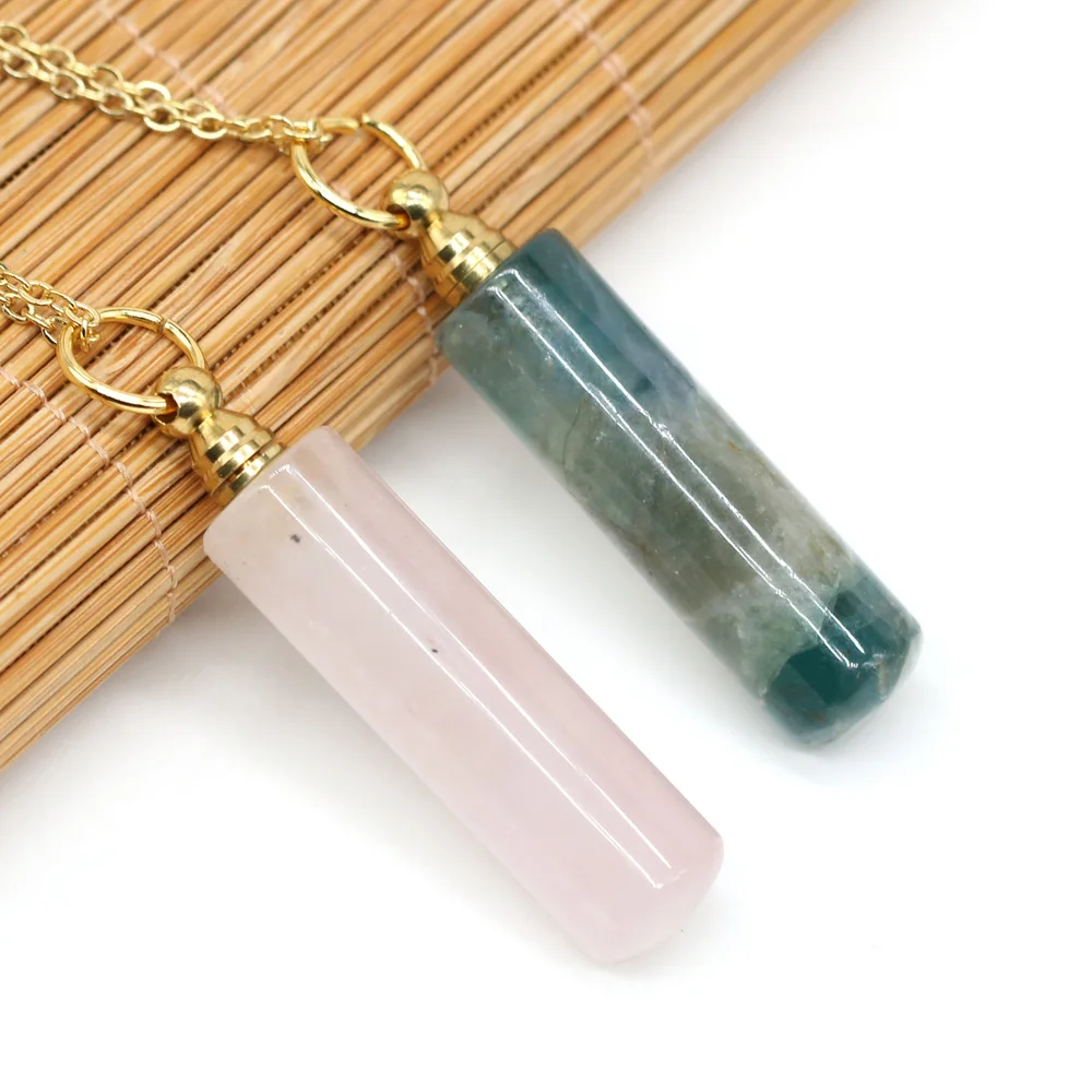 

Natural Stone Agates Fluorite /Rose Quartzs Perfume Bottle Pendant Essential Oil Diffuser Necklace Jewelry Gift Size 12x48mm