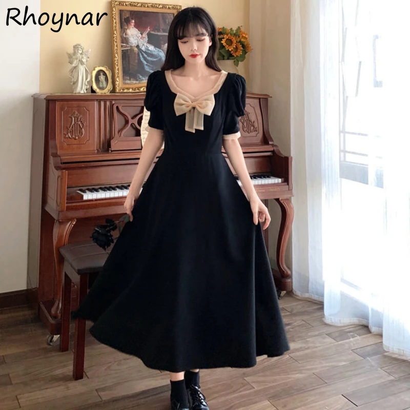 

Short Sleeve Dresses Women Bow Collar Leisure All-match A-line Female Cozy Elegant Fashion Breathable Ins High Waist Party New