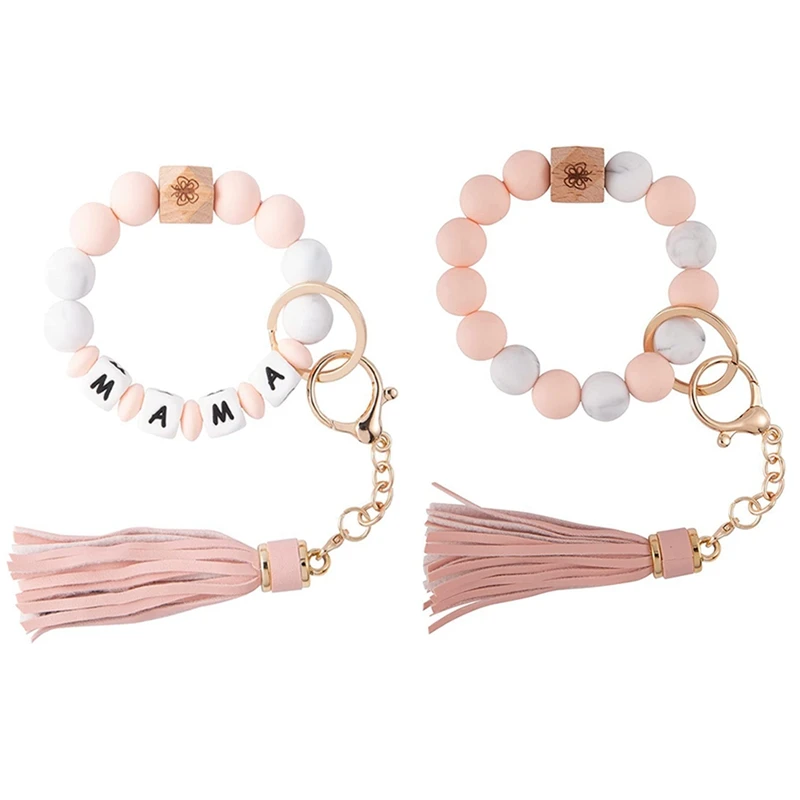 

2 Pieces Silicone Bracelet Key Ring Bracelet For Women Round Key Chain Bracelet With Leather Tassel Gifts