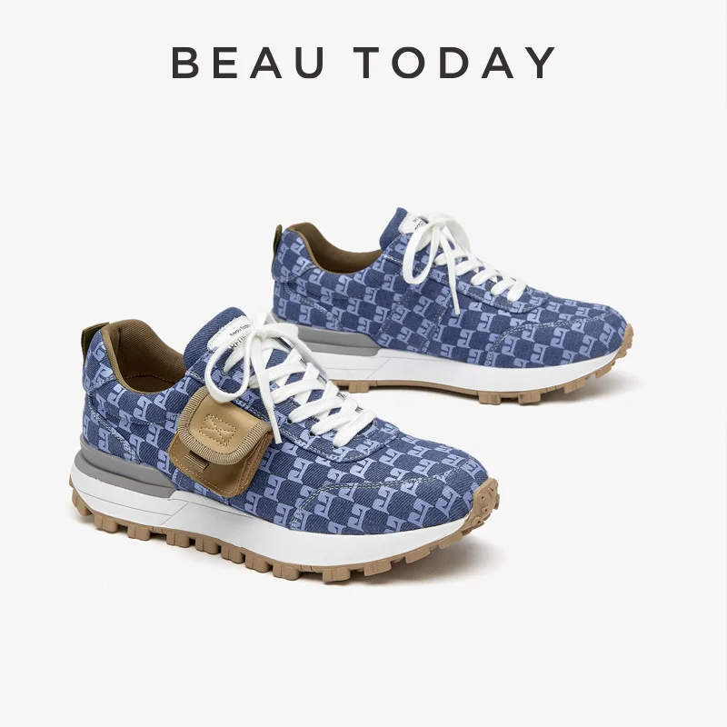 

Casual Sneakers Women Denim Cow Leather Print Monogram Round Toe Spring Leisure Retro Ladies Shoes Handmade 29231