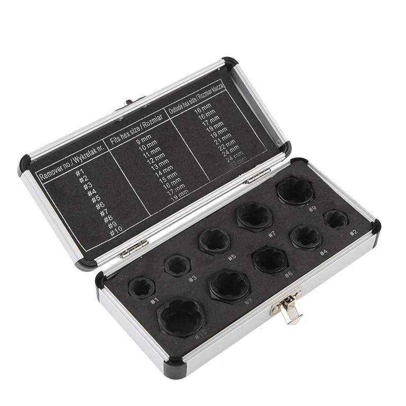 

10Pcs/Set Nut Extractor Short Aluminum Box Set of Remover Damages Rusty Socket Wrench Tool for Vehicle