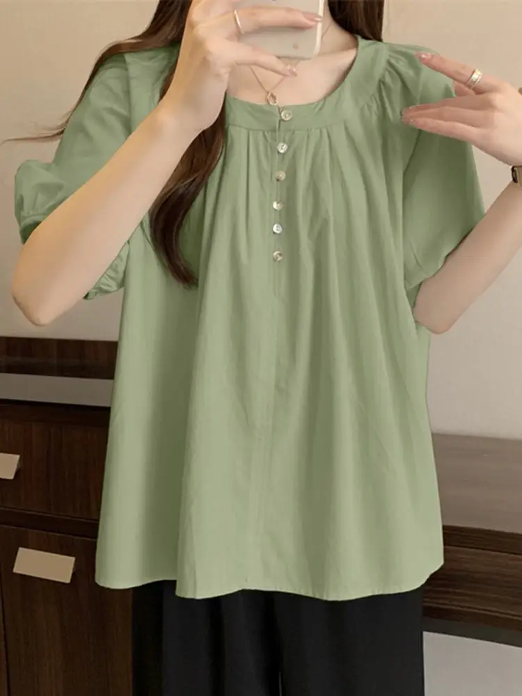 

Модные однотонные топы, женская блузка 2023 VONDA, модная короткая женская Повседневная Свободная блузка с круглым вырезом, женские блузы, мешковатые