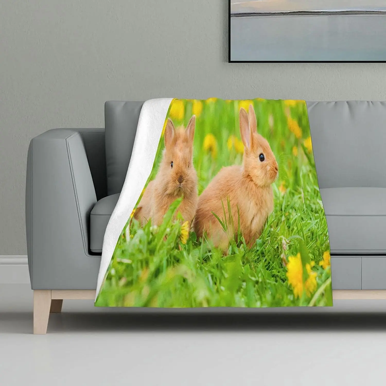 

Rabbit and Dandelion Throw Blanket Two Baby Rabbits Sitting On The Grass Throw Blanket Bed Couch Sofa Travelling Camping