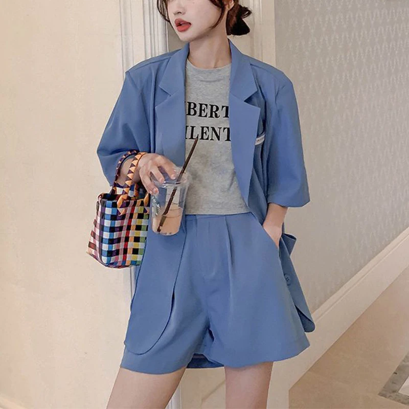 Summer Office Lady Elegant Fashion Short Sleeve Blazer Shorts Set Female Solid Loose Casual Suit Women's Clothing Coat Jacket
