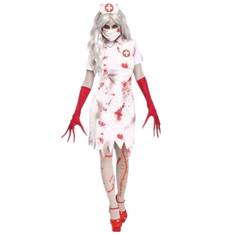

Woman Halloween Cosplay Costume Carnival Party Ghost House Demon Zombie Nurse White Blood Stain Dress Gloves Headwear 4Pcs Set