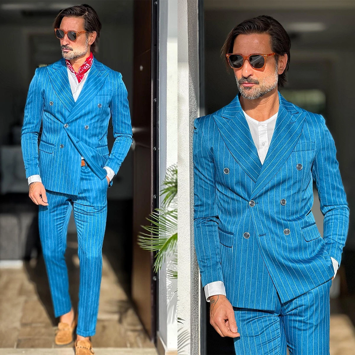 Blue Men's Suit 2 Pieces Blazer Pants Double Breasted Peaked Lapel Pinstripes Work Wedding Groom Formal Tailored Costume Homme