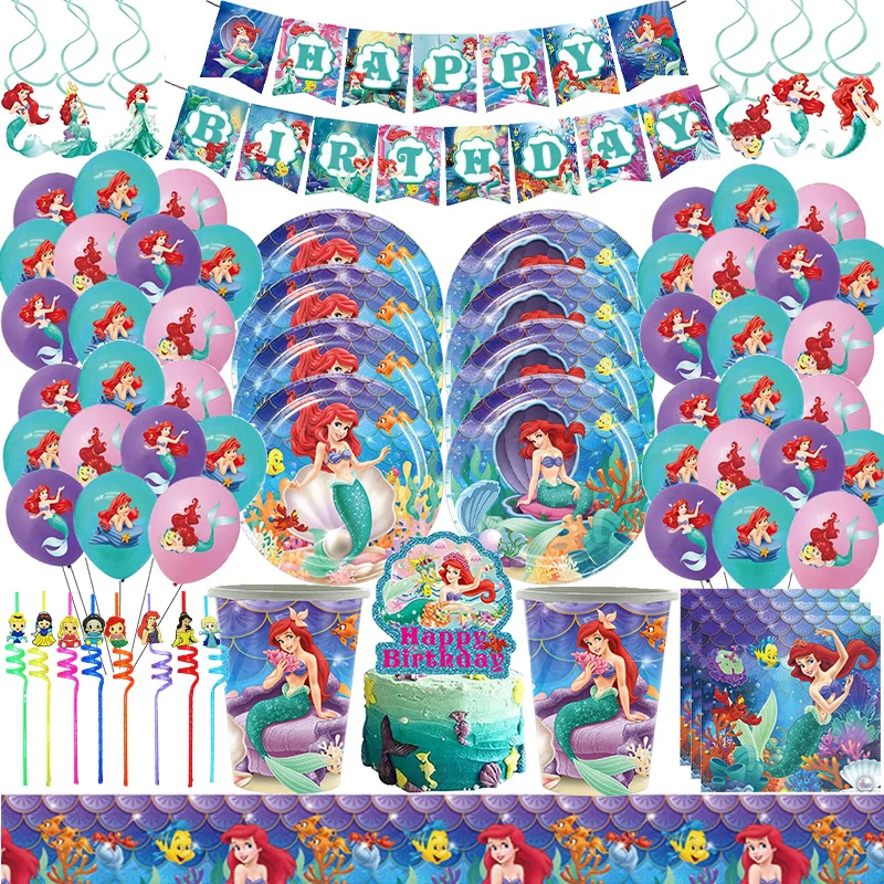 Disney Ariel The Little Mermaid Birthday Decoration Tableware Paper Napkins Plates Cup For Kids Happy Supplies