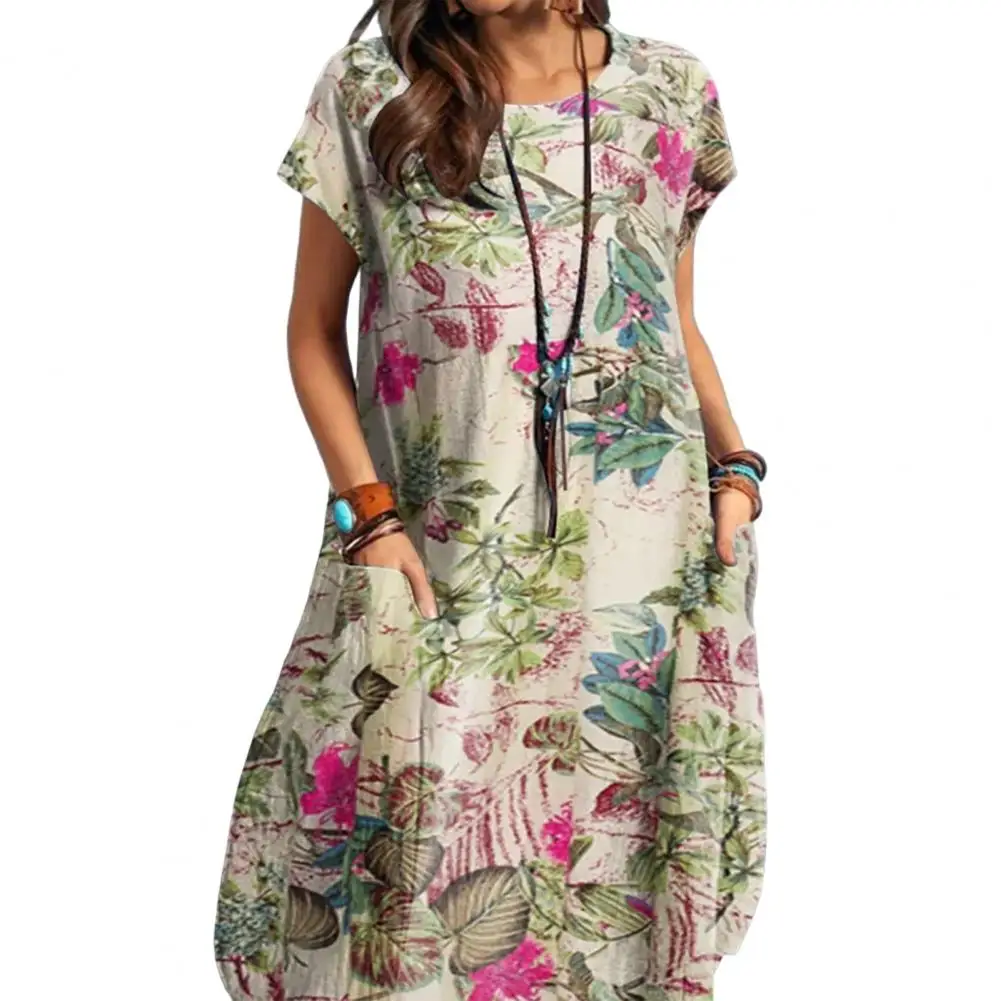 

Women Dress Summer Round Neck Short Sleeves Flower Print Double Pocket Casual Beach Dress vestidos de verano para mujer 2023