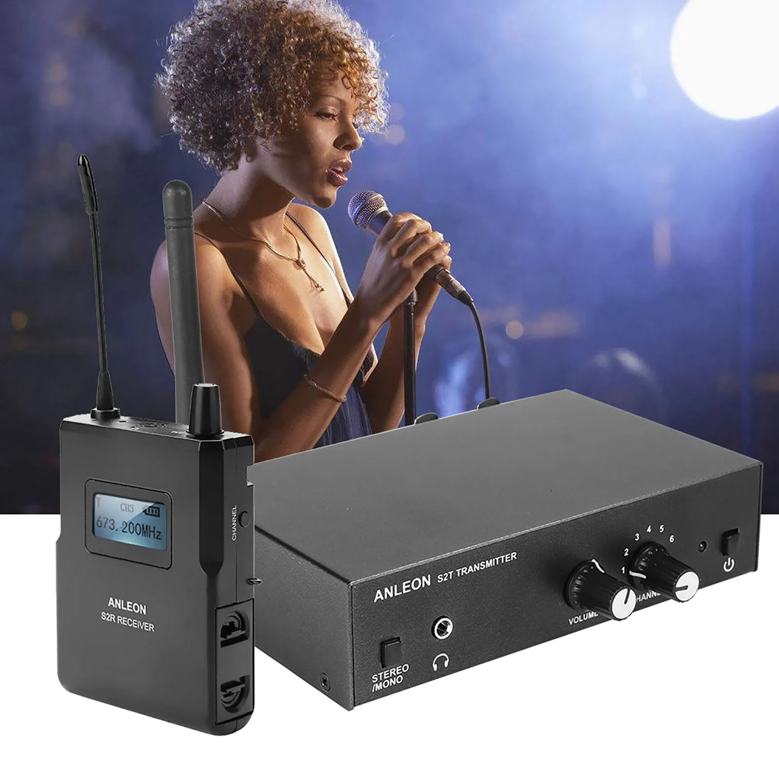 Фото Беспроводной конденсаторный микрофон ANLEON S2 UHF, стерео, 2 канала, дальность 50 м, профессиональный, для сцены, с мониторингом №2