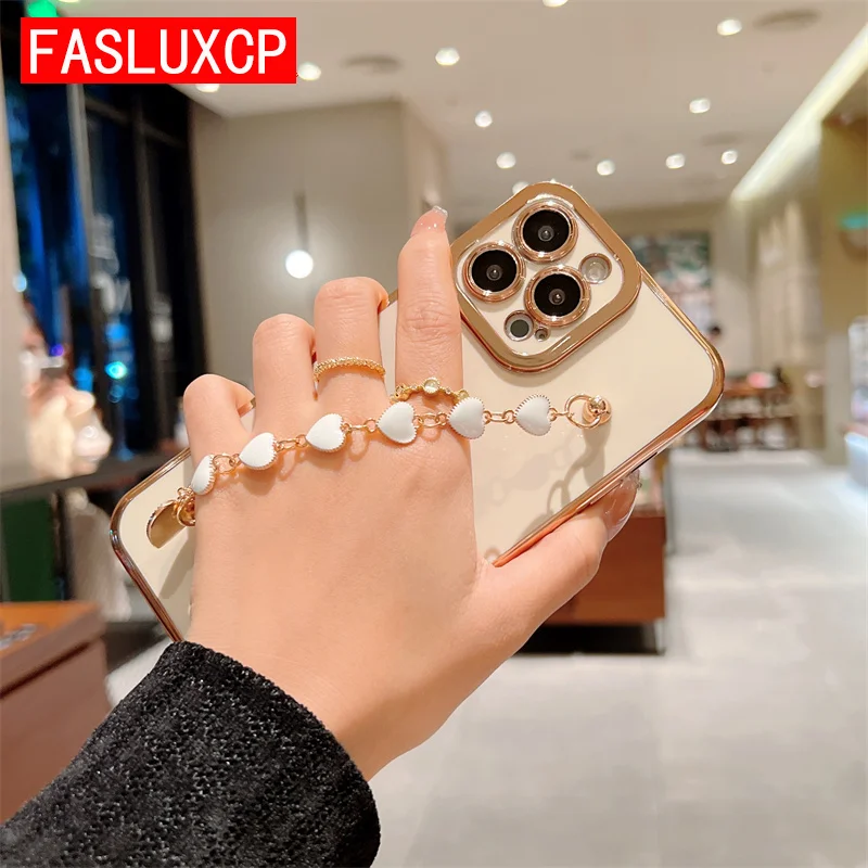 

Candy Color Love Heart Bracelet Chain Case For iPhone 13 12 Pro Max 11 XS X XR 7 8 Plus SE 2020 Lens Full Protection Back Cover