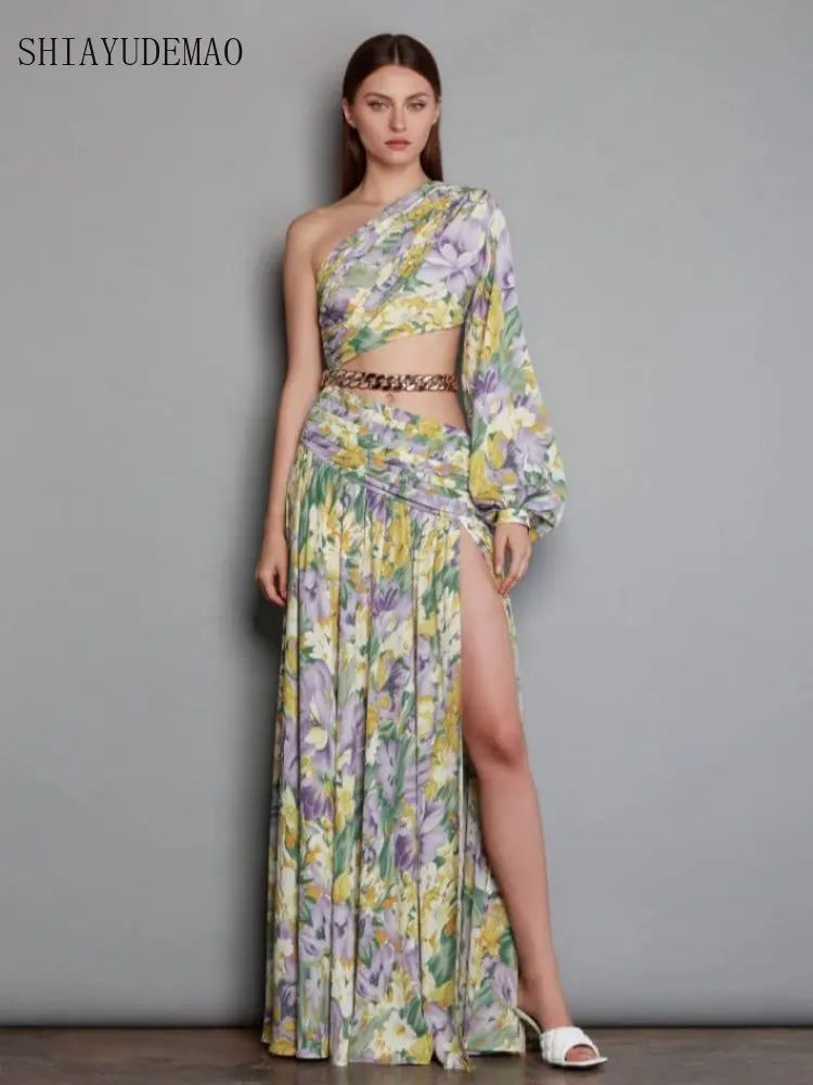 

Элегантное женское платье с рукавом на одно плечо и принтом, новинка на лето, соблазнительная модная женская одежда с высокой талией, деловые платья для событий