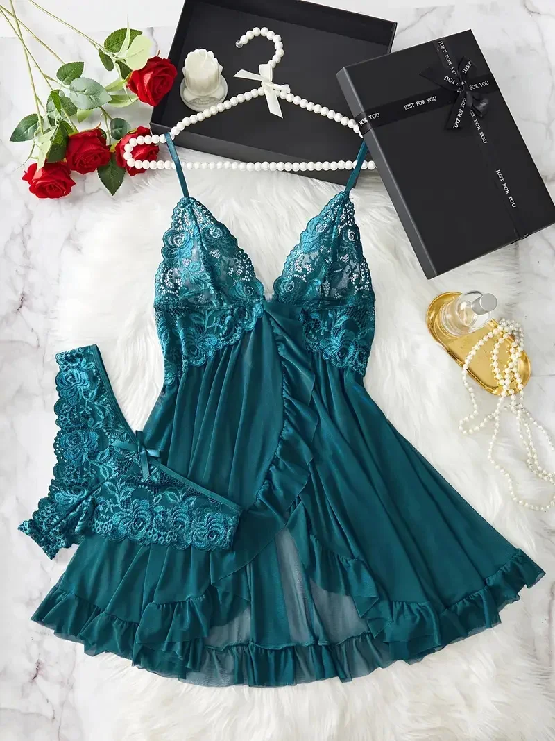 Contrast Lace Ruffle Trim Lingerie Set Deep V Slip Dress & Thong Women's Sexy Underwear