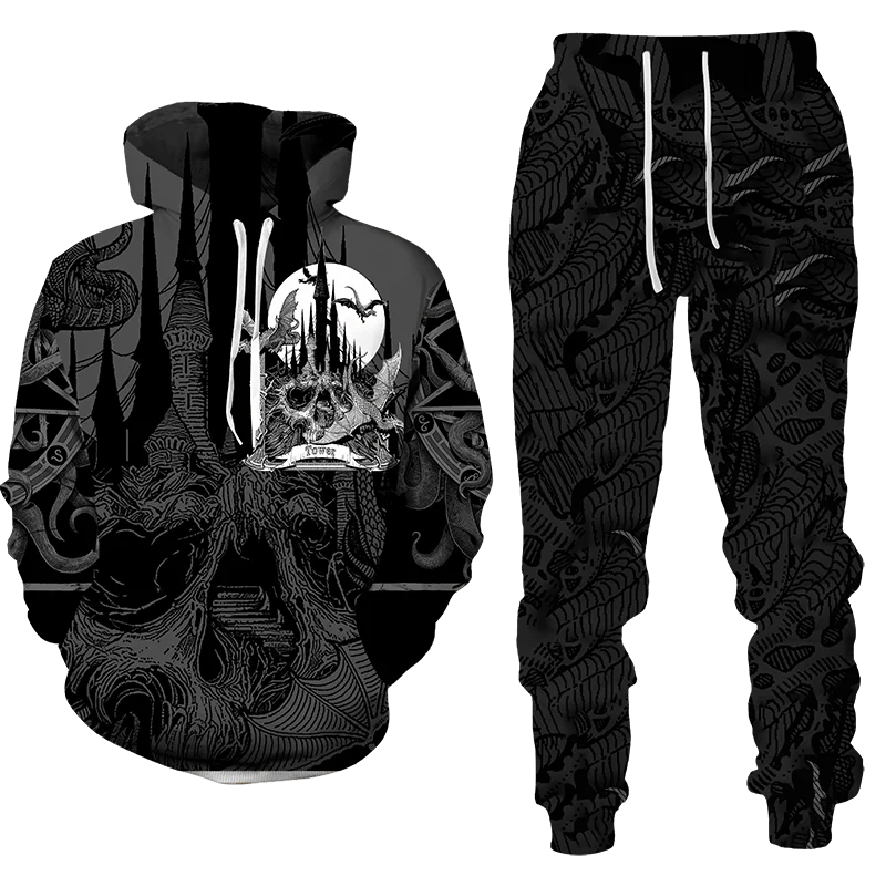 

Костюм спортивный мужской с 3D-принтом, модная повседневная толстовка с капюшоном и штаны, стиль панк/готика, уличная одежда в стиле хип-хоп/рок, комплект из 2 предметов