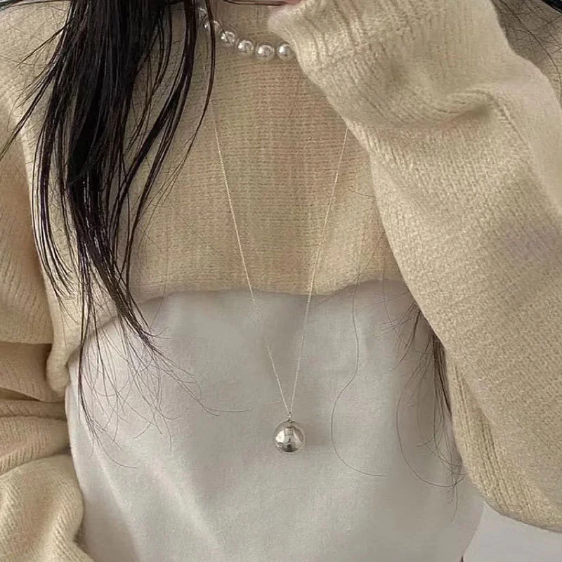 

925 Sterling Silver Small Ball Sweater Chain Women's Korean Long Designer Bead Fashion Necklace N0144