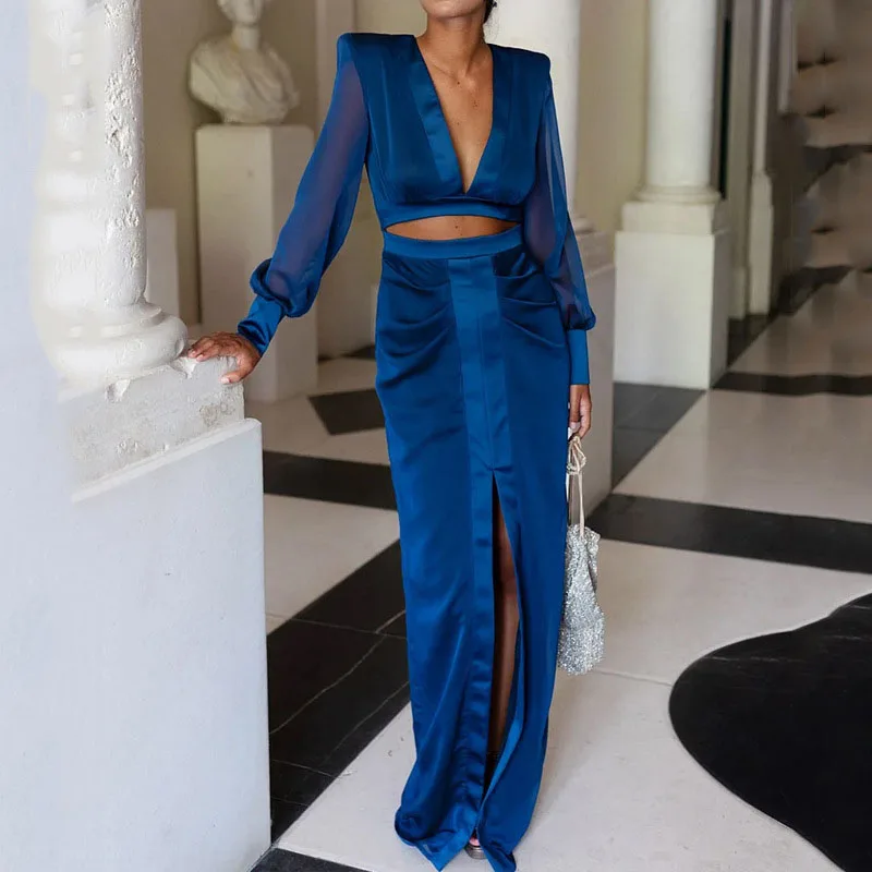 

Осеннее однотонное Сетчатое платье с длинным рукавом, сексуальное вечернее платье с глубоким V-образным вырезом и вырезами, элегантное Плиссированное облегающее длинное платье с разрезом