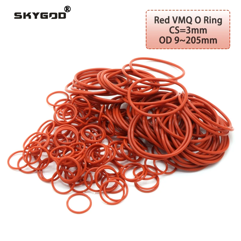 

10Pcs Red VMQ Silicone O Ring CS 3mm OD 9 ~ 205mm FoodGrade Waterproof Washer Rubber Insulated Round Shape Seal Gasket