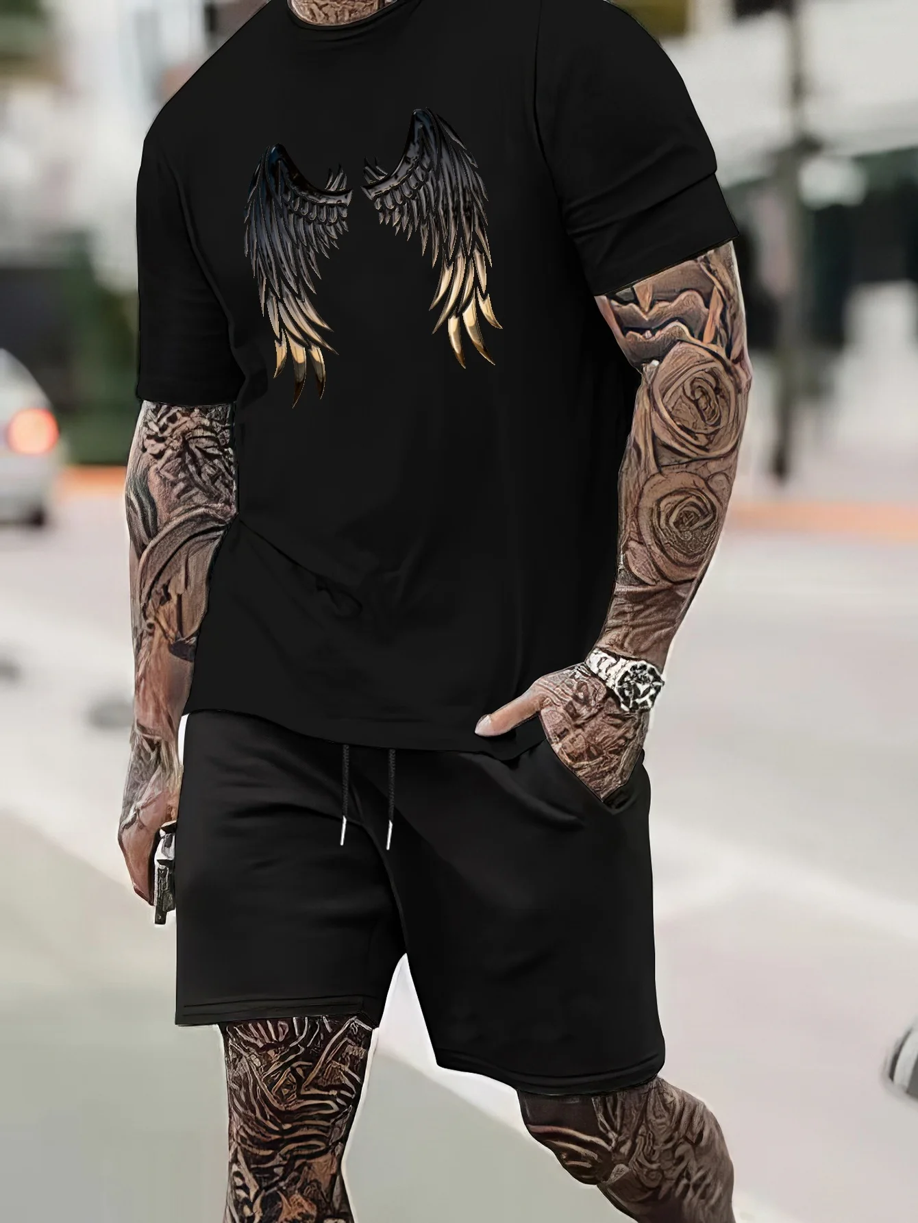 

2 Piece Trend Black Wings Graphics Men's Short Sleeve T Shirt And Drawstring Track Shorts Set Holiday Lounge Sports Leisure Casu