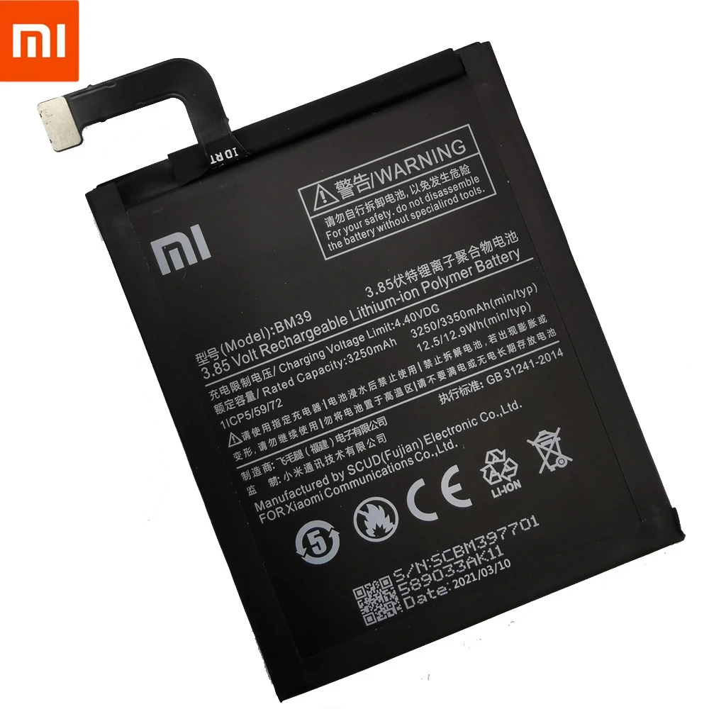 Оригинальный телефонный аккумулятор BM39 Xiao Mi для Xiaomi 6 Mi6 3250 мАч сменный большой