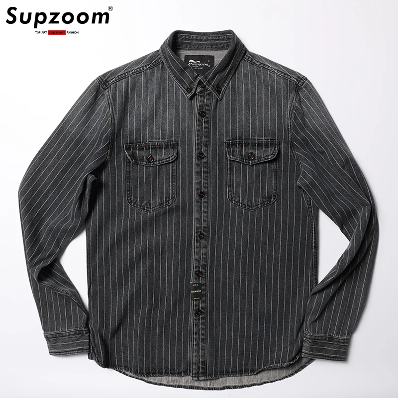 Мужская джинсовая рубашка в полоску Supzoom Повседневная с отложным воротником и