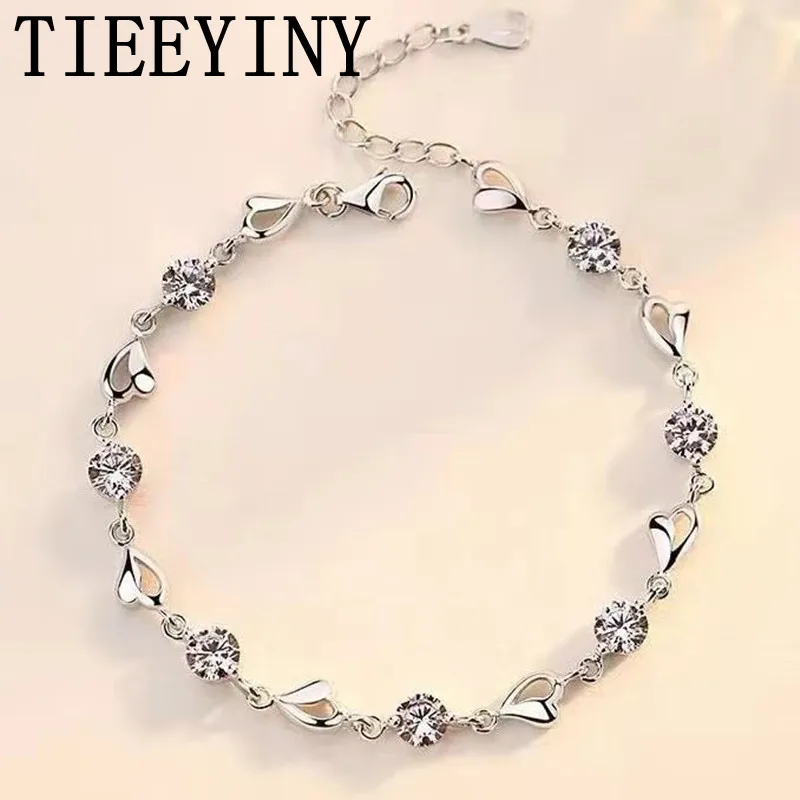 

TIEEYINY 925 Sterling Silver Zircon Love Heart Shaped Bracelets Crystals For Women Valentines Gift Wedding Party Cute Jewelry