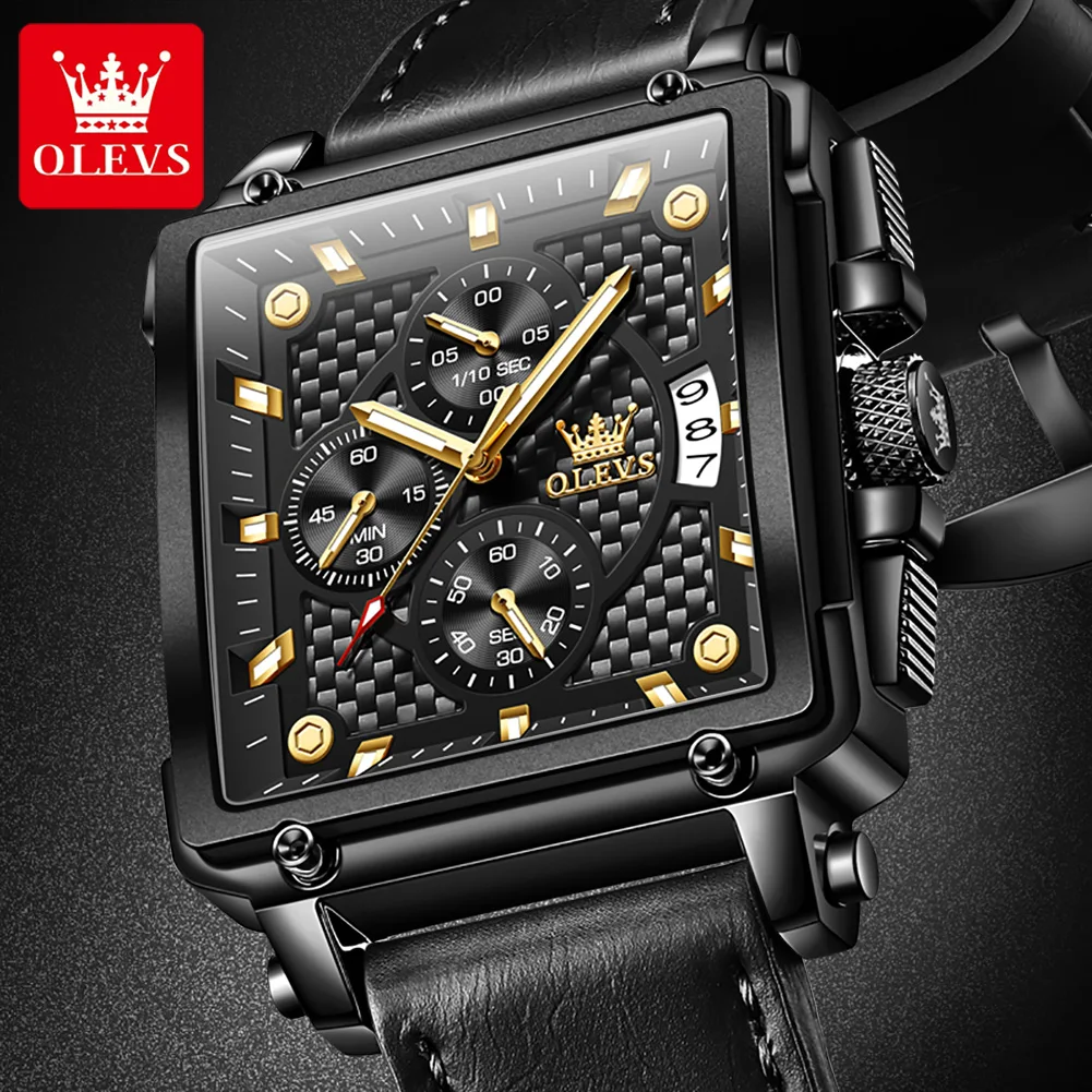 

OLEVS Top Brands New Square Men Watch Multi-Function Chronograph Leather Strap Waterproof 30M Fashion Business Male Wristwatch