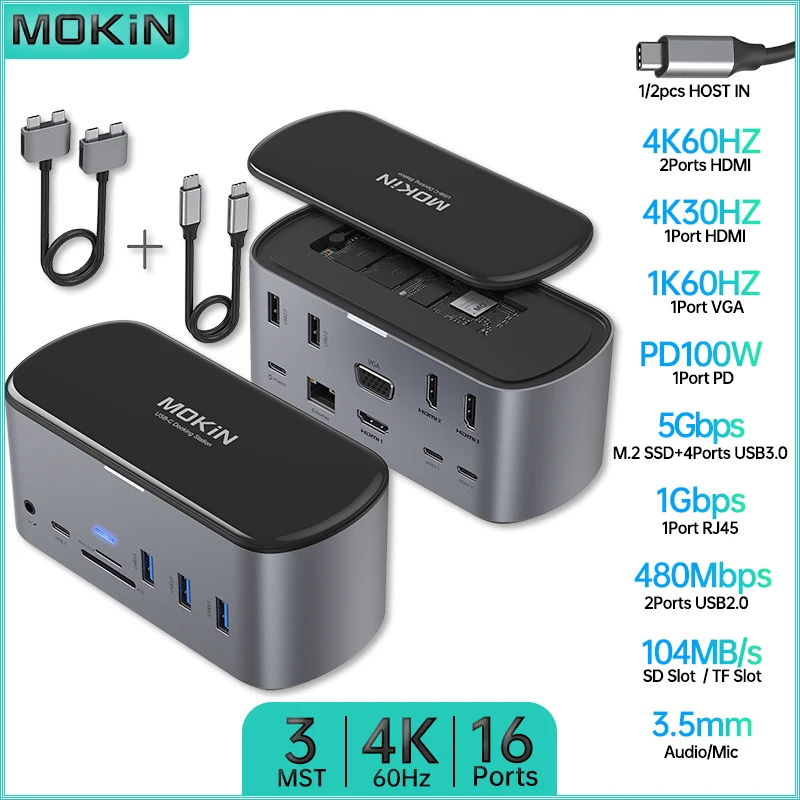 

Док-станция MOKiN 16 дюймов 1/2 для MacBook Air/Pro, iPad, ноутбука Thunderbolt — USB3.0, HDMI 4K60 Гц, PD 100 Вт, аудио, SSD M.2