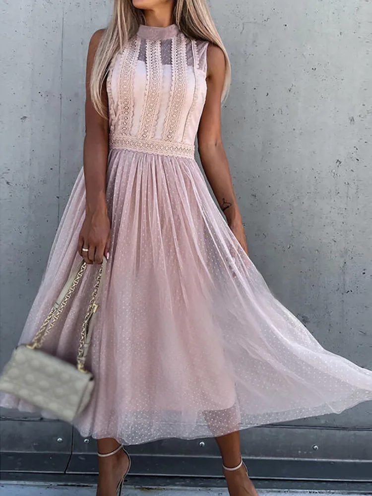 

Women Sexy O-Neck Sleeveless Pleated Maxi Dress Fashion Slim Sweet Pink Long Dresses Vintage Elegant Mesh Patchwork Party Dress