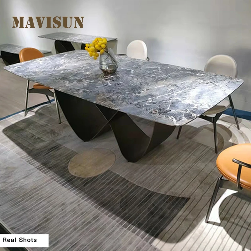 

Italian Style Light Luxury Bright Rock Board Dining Table And Chair Combination Modern Minimalist Rectangular Meeting Table