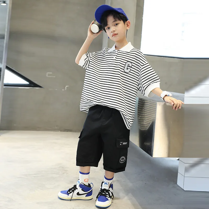 2022 New Summer Kids Children Polo Shirt + Pants 2 Pieces Set Teenage Boys Casual Striped Clothes Fashion Cotton Tracksuit 4-14Y