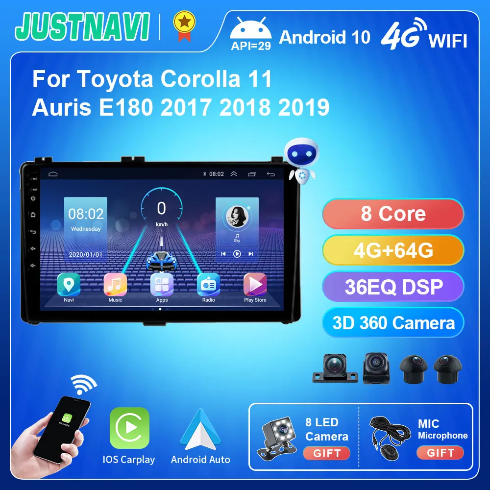 JUSTNAVI IPS 4G 64G For Toyota Corolla 11 Auris E180 2017 - 2019 Android 10.0 Car Radio Multimedia Video Player Navigation GPS