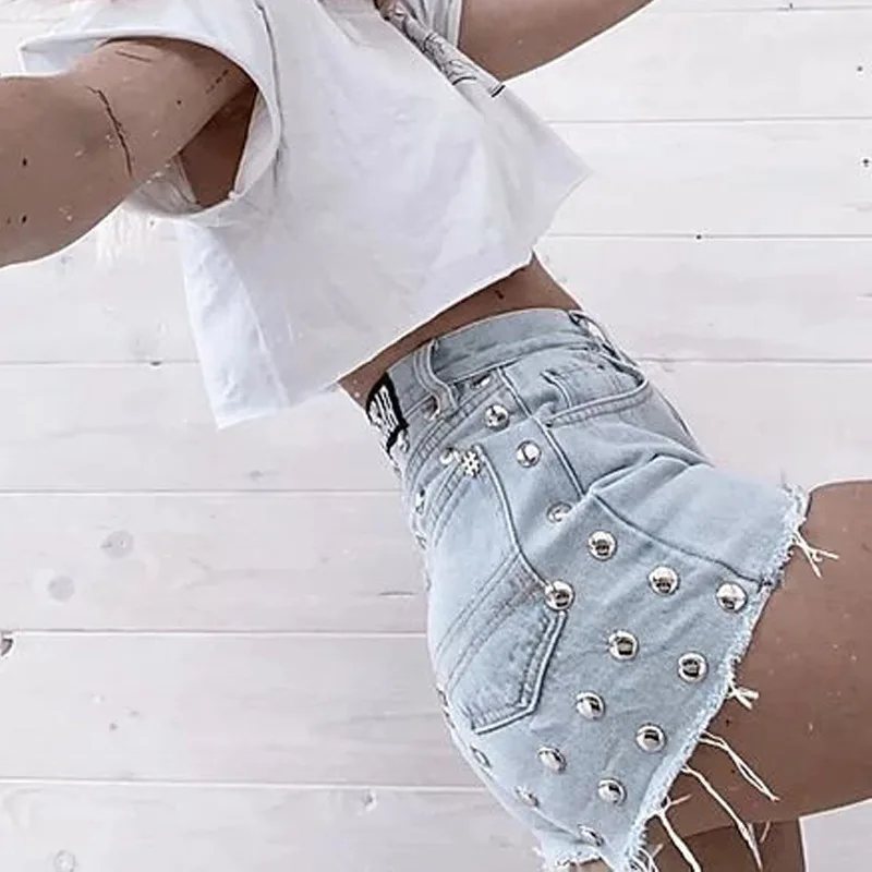 Female Fashion Casual Summer Indie Cool Rivet Washed Women Clothes Y2k Denim Shorts 2021 New Women High Waist Blue Denim Shorts