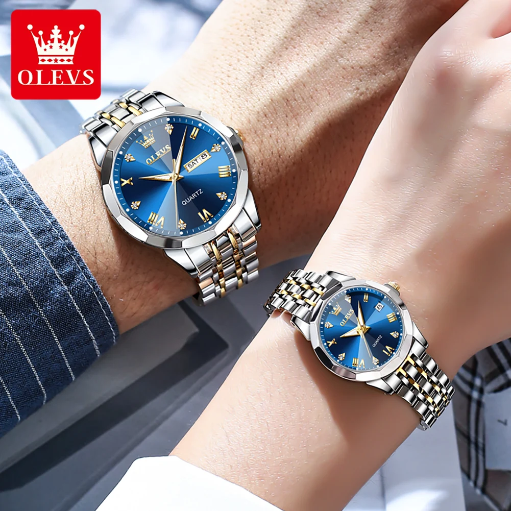 OLEVS Couple Watch for Men Women Quartz Wristwatch Solid Stainless Steel Strap Luminous Hands Rhombus Design Lover's Watch Gifts