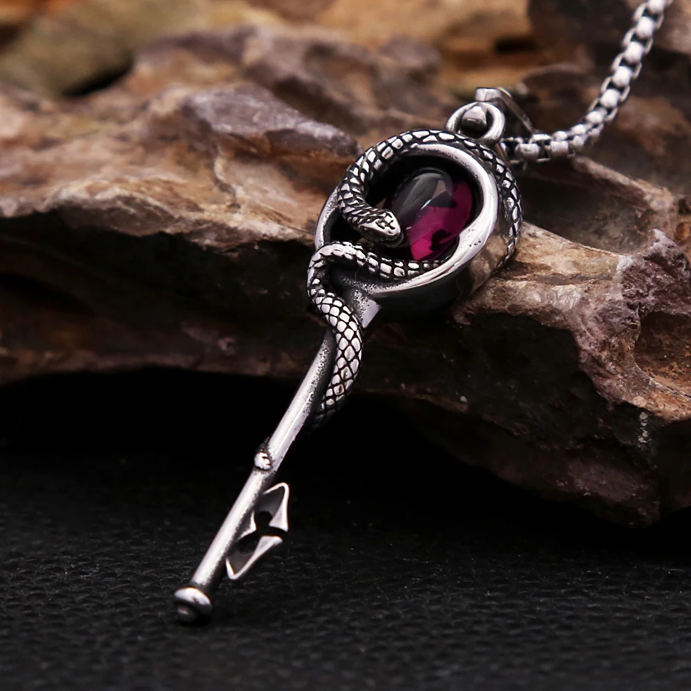 

New Vintage Key Pendant With Stone Necklace For Men Women Punk Stainless Steel Snake Necklaces Fashion Creative Jewelry Gifts